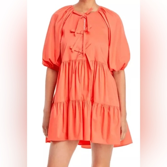 Cinq A Sept Lynn Dress Size 14 Coral Mini Layered Bow Easter Spring Ruffle NWT - Picture 1 of 16